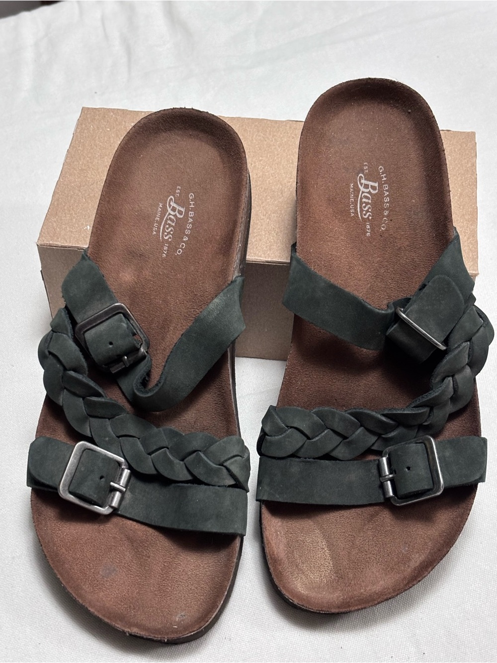 Bass Women's Braided Double-Buckle Slide Sandals in Dark Green